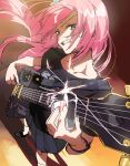  1girl bangs black_shirt black_skirt blue_eyes bocchi_the_rock! cable_tie collarbone cube_hair_ornament electric_guitar floating_hair foreshortening furrowed_brow gibson_les_paul gotou_hitori grimace guitar hair_bobbles hair_ornament hanpen_(higepiyo) head_tilt highres holding instrument kneehighs long_hair multicolored_hair_bobbles music perspective pink_hair playing_instrument pleated_skirt plectrum print_shirt shadow shirt shoes skirt socks solo sparkle spotlight stage sweat t-shirt wristband 