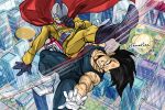  2boys amartbee android black_hair black_overalls boots cape city clenched_teeth dragon_ball dragon_ball_super dragon_ball_super_super_hero gamma_1 gloves gun highres male_focus motion_lines multiple_boys muscular muscular_male overalls teeth twitter_username vegeta weapon white_footwear white_gloves 
