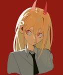  1girl black_necktie blonde_hair chainsaw_man collared_shirt cross-shaped_pupils hair_between_eyes highres horns joosibi long_hair looking_to_the_side necktie open_mouth power_(chainsaw_man) red_background red_eyes red_horns sharp_teeth shirt simple_background solo symbol-shaped_pupils teeth upper_body white_shirt 