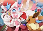  animal_ears blue_eyes blush body_fur box brown_fur christmas closed_mouth commentary_request dagasi eevee furry furry_female furry_male gift gift_box glaceon handheld_game_console hat highres mouth_hold nintendo_switch no_humans pokemon pokemon_(creature) red_headwear santa_hat smile sparkling_eyes sylveon tail vaporeon violet_eyes white_fur 