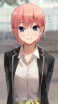  1girl absurdres bangs black_jacket blazer blue_eyes blurry blurry_background buttons closed_mouth clothes_around_waist collared_shirt commentary_request go-toubun_no_hanayome highres ishiyuki jacket looking_at_viewer nakano_ichika open_clothes open_jacket pink_hair school_uniform shirt short_hair smile solo sweater sweater_around_waist upper_body white_shirt winter_uniform yellow_sweater 