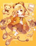  1girl animal_ears animal_shoes bear bear_ears bear_girl black_bow black_shorts black_thighhighs blonde_hair bow cardigan food hair_bow hair_ornament hairclip hand_up headphones highres implied_extra_ears looking_at_viewer marshmallow open_cardigan open_clothes orange_cardigan orange_eyes original over-kneehighs raised_eyebrows saijo1201 shirt shorts simple_background smile stuffed_animal stuffed_toy teddy_bear thigh-highs white_shirt yellow_background 
