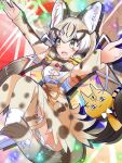 1girl animal_ear_fluff animal_ears bow bowtie cat cat_ears cat_girl cat_tail extra_ears geoffroy&#039;s_cat_(kemono_friends) green_eyes grey_hair highres kemono_friends kemono_friends_v_project kneehighs long_hair microphone open_mouth ribbon rnrwbhybsxj4qgk shirt shoes simple_background skirt socks suspenders tail twintails virtual_youtuber 