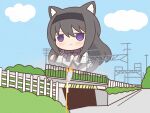  1girl :&lt; akemi_homura animal_ears black_hair black_hairband blue_sky blush cat_ears cat_girl cat_tail closed_mouth clouds day fence hairband long_hair long_sleeves looking_away mahou_shoujo_madoka_magica outdoors power_lines sky solo tail violet_eyes yuno385 