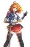  1girl ahoge armor brown_hair cropped_jacket eiyuu_densetsu fingerless_gloves gloves holding holding_sword holding_weapon looking_at_viewer one_eye_closed pauldrons riwancece_428 shoulder_armor simple_background skirt smile solo sora_no_kiseki sword thigh-highs violet_eyes weapon white_background 