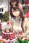  1girl animal_ears apron bow brown_hair cake christmas christmas_tree cookie food hair_between_eyes holding holding_food indoors looking_at_viewer original rabbit red_bow shirt smile solo star_(symbol) sweater syuri22 violet_eyes white_shirt yellow_sweater 
