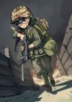  1girl absurdres alternate_costume bayonet black_hair braid brown_eyes camouflage_helmet chest_rig closed_mouth commentary dirty dirty_face english_commentary erica_(naze1940) fukuda_haru girls_und_panzer glasses green_jacket green_pants gun hair_tie helmet highres holding holding_gun holding_weapon jacket long_hair long_sleeves looking_at_viewer low_twin_braids low_twintails military military_helmet military_uniform original pants round_eyewear shotgun sleeves_rolled_up smoke solo standing trench twin_braids twintails uniform united_states_marine_corps weapon winchester_model_1897 world_war_ii 