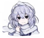  1girl bangs black_eyes closed_mouth highres letty_whiterock light_purple_hair looking_at_viewer scarf short_hair simple_background smile solo touhou upper_body white_background white_headwear white_scarf yonoisan 