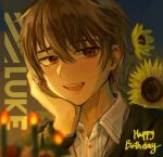  1boy :d bangs brown_eyes brown_hair brown_jacket candle character_name collared_shirt flower happy_birthday highres jacket long_sleeves looking_at_viewer luke_pearce_(tears_of_themis) open_mouth shirt short_hair smile solo sunflower tears_of_themis upper_body white_shirt ziern125 