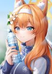  1girl absurdres animal_ear_fluff animal_ears blue_archive blue_eyes blurry blurry_background blush bottle commentary depth_of_field flower hair_flower hair_ornament hairband halo highres holding holding_bottle jacket long_hair long_sleeves looking_at_viewer mari_(blue_archive) mari_(gym_uniform)_(blue_archive) menna_(0012) orange_hair plastic_bottle ponytail portrait ribbon smile solo solo_focus sparkle sweat sweatdrop track_jacket water_bottle white_hairband white_ribbon zipper zipper_pull_tab 