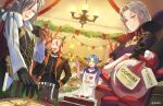  4boys absurdres apron axel_syrios bag black_gloves blonde_hair blue_hair blush cake christmas christmas_tree closed_eyes closed_mouth collarbone cookie crossed_arms dvdarts ear_piercing eating food glasses gloves hand_on_hip hat highres holding holding_bag holostars holostars_english hood hoodie indoors jacket long_sleeves looking_at_another looking_at_viewer magni_dezmond mole mole_under_mouth multicolored_hair multiple_boys noir_vesper open_clothes open_jacket open_mouth piercing pointy_ears purple_hair red_gloves red_velvet_cake redhead regis_altare santa_hat short_hair smile 
