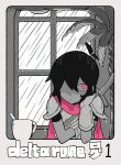  1other antenna_hair armor cape closed_mouth copyright_name cup deltarune gloves greyscale hair_between_eyes highres kris_(pokemon) monochrome pink_cape pink_eyes plant senjochi_janai solo spot_color sword upper_body weapon weapon_on_back wet window 