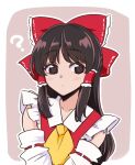  1girl ? ascot bangs black_eyes black_hair bow closed_mouth detached_sleeves hair_bow hair_tubes hakurei_reimu long_hair looking_at_viewer lowres outline red_bow shio_(futatsumami) sidelocks solo touhou upper_body white_outline yellow_ascot 
