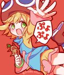  1girl absurdres amitie_(puyopuyo) blonde_hair blush boots futaba969649 greyscale highres holding long_sleeves monochrome multicolored_clothes open_hand open_mouth puyopuyo puyopuyo_fever_2 red_headwear shirt shorts smile solo wings 