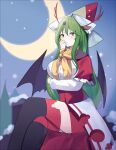 1girl adapted_costume animal_ears antlers black_thighhighs capelet christmas commentary_request crossed_legs deer_ears demon_wings dress frilled_capelet frills green_eyes green_hair highres kuroko_tori legs long_hair mima_(touhou) red_capelet red_dress red_headwear reindeer_antlers santa_dress scarf sitting solo thigh-highs touhou touhou_(pc-98) very_long_hair wings yellow_scarf 