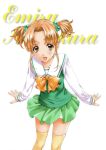 1990s_(style) 1girl absurdres brown_eyes brown_hair character_name cursive feet_out_of_frame green_skirt hair_bobbles hair_ornament highres kai_tomohisa long_sleeves looking_at_viewer miniskirt nagakura_emiru non-web_source official_art open_mouth retro_artstyle sentimental_graffiti short_twintails simple_background skirt solo thigh-highs twintails white_background yellow_thighhighs zettai_ryouiki 