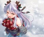  1girl antlers bangs bare_shoulders breasts cosplay dated detached_sleeves fake_antlers fire_emblem fire_emblem:_radiant_dawn fire_emblem_fates fire_emblem_heroes from_above grey_hair half_updo highres large_breasts long_hair marth-chan_(micaiah_mrmm) merry_christmas micaiah_(fire_emblem) mistletoe_hair_ornament quilted_clothes reindeer_antlers selena_(fire_emblem_fates) selena_(fire_emblem_fates)_(cosplay) signature solo upper_body white_background yellow_eyes 