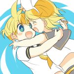  1boy 1girl 7:24 ^_^ aged_down bare_arms bare_shoulders black_sailor_collar blonde_hair blue_eyes blush_stickers bow brother_and_sister closed_eyes female_child glomp grey_sailor_collar hair_bow hair_ornament hairclip happy highres hug imminent_hug kagamine_len kagamine_rin male_child midriff mutual_hug neckerchief necktie sailor_collar sailor_shirt shirt short_sleeves shorts siblings sleeveless sleeveless_shirt smile twins vocaloid white_bow yellow_neckerchief yellow_necktie 
