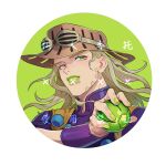  1boy absurdres ball beard clenched_teeth cowboy_hat facial_hair goggles goggles_on_headwear gold_teeth green_eyes green_lips green_nails gyro_zeppeli hat highres holding holding_ball honlo jojo_no_kimyou_na_bouken lipstick looking_at_viewer makeup male_focus portrait smile solo steel_ball_run teeth 