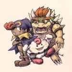  3boys armlet boots bowser doll geno_(mario) highres hisashicomv789 looking_at_another looking_at_viewer mallow_(mario) multiple_boys pink_hair red_eyes redhead simple_background super_mario_rpg white_background 