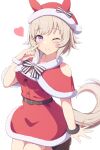  1girl animal_ears blush capelet christmas commentary_request curren_chan_(umamusume) finger_to_cheek fur-trimmed_capelet fur-trimmed_headwear fur_trim grey_hair hat heart highres horse_ears horse_girl horse_tail looking_at_viewer one_eye_closed red_capelet santa_costume santa_hat simple_background smile solo soranishi_hiro tail umamusume violet_eyes white_background wristband 