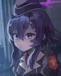  1girl bangs blue_archive closed_mouth curtains dano garrison_cap hair_between_eyes hair_ornament hairclip halo haruka_(blue_archive) hat jacket korean_commentary looking_at_viewer purple_hair purple_headwear short_hair_with_long_locks solo upper_body violet_eyes 