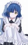  1girl apron bangs blue_hair bocchi_the_rock! commentary_request frilled_apron frills highres long_skirt long_sleeves looking_at_viewer maid maid_headdress mole mole_under_eye ryuuforkaf short_hair skirt solo squatting white_apron white_background yamada_ryou yellow_eyes 