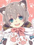  1boy animal_ears animal_hands arch_bishop_(ragnarok_online) bangs blush bow bowtie cat_ears commentary_request cross gloves grey_hair looking_at_viewer male_focus open_mouth outline paw_gloves paw_print paw_print_background pink_background ragnarok_online red_bow red_bowtie short_hair smile solo teeth tokio_(okt0w0) upper_body upper_teeth_only white_outline 