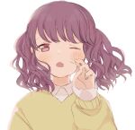  1girl bangs black_hair commentary_request fukumaru_koito highres idolmaster idolmaster_shiny_colors long_sleeves looking_at_viewer medium_hair one_eye_closed ory_001 solo sweater swept_bangs twintails upper_body violet_eyes white_background wind yellow_sweater 