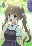  1girl absurdres animal_ears bangs blue_eyes blurry blurry_background blush brown_hair cat_ears cat_girl cat_tail dappled_sunlight dress eating flower food frilled_sleeves frills fruit grapes hair_flower hair_ornament highres index_finger_raised indie_virtual_youtuber itigori_ena long_hair looking_at_viewer mole mole_under_eye neck_ribbon open_mouth outdoors puffy_short_sleeves puffy_sleeves ribbon sash short_sleeves sleeve_ribbon solo sunlight tail tree twintails tyakomis very_long_hair virtual_youtuber 