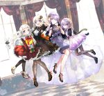  4girls a.i._voice absurdres anniversary bangs black_bow black_bowtie black_dress black_gloves black_jacket blue_eyes blunt_bangs blurry blurry_background bow bow_skirt bowtie box cevio checkered_floor commentary crescent crescent_hair_ornament curtains dress dress_shirt dual_persona full_body gift gift_box gloves hair_ornament half_gloves highres holding holding_gift index_fingers_raised indoors jacket jewelry kizuna_akari kizuna_akari_(tsubomi) layered_skirt looking_at_viewer midair multiple_girls necklace open_mouth outstretched_arm outstretched_hand pantyhose pearl_necklace pty purple_dress purple_hair red_dress see-through see-through_skirt shirt sidelocks skirt sleeveless sleeveless_dress smile textless_version violet_eyes vocaloid voiceroid white_shirt window yuzuki_yukari yuzuki_yukari_(rei) yuzuki_yukari_(shizuku) 