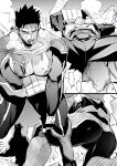  1boy absurdres ass bodysuit boku_no_hero_academia endeavor_(boku_no_hero_academia) feet_out_of_frame greyscale highres koooogasya large_pectorals long_sleeves male_focus mature_male monochrome muscular muscular_male one_eye_closed pectorals scar scar_across_eye short_hair solo spiky_hair standing torn_clothes 