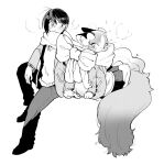  1boy 1girl :&lt; animal_ear_fluff animal_ears animal_hands animal_nose arm_at_side artist_name asymmetrical_hair back-to-back bangs blush body_fur bow breath cat_ears cat_girl cat_tail closed_mouth cocri commentary_request flat_chest from_side furry furry_female greyscale hair_bow heart highres jacket knee_up knees_up long_hair long_sleeves looking_back messy_hair miniskirt monochrome nose_blush open_clothes open_jacket original pants pleated_skirt pocket scarf school_uniform shared_clothes shared_scarf shiny shiny_hair shoes short_hair sidelocks signature simple_background sitting skirt sweater tail very_long_hair whiskers white_background 