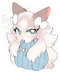 1girl :&lt; animal_ears animal_nose aqua_eyes blue_sweater blush body_fur bow brown_fur brown_hair cat_ears cat_girl closed_mouth cocri commentary_request fang fang_out furry furry_female glasses gradient_hair hair_bow heart jewelry long_hair looking_at_viewer messy_hair multicolored_hair necklace original pearl_necklace pince-nez ribbed_sweater round_eyewear solo sweater teardrop-framed_glasses thought_bubble translation_request two-tone_fur two-tone_hair upper_body v-shaped_eyebrows white_background white_bow white_fur white_hair yellow-framed_eyewear