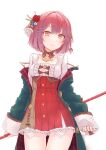 1girl atelier_(series) atelier_sophie atelier_sophie_2 bangs breasts closed_mouth dress flower highres holding holding_staff holding_weapon jacket long_sleeves looking_at_viewer medium_breasts open_clothes open_jacket reciprocaldegree red_eyes red_flower red_rose rose smile solo sophie_neuenmuller staff standing weapon white_background yellow_eyes 