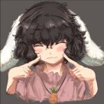  1girl animal_ears black_background black_hair carrot_necklace closed_eyes closed_mouth english_commentary floppy_ears inaba_tewi jewelry necklace pointing pointing_at_self rabbit_ears short_hair simple_background smile solo sparkle71059204 touhou upper_body 