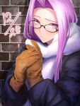  1girl alternate_costume black-framed_eyewear black_coat blush brick_wall brown_gloves closed_mouth coat commentary dated fate/stay_night fate_(series) forehead fur-trimmed_scarf fur_trim glasses gloves hair_intakes long_hair long_sleeves looking_at_viewer medusa_(fate) medusa_(rider)_(fate) minami_koyogi own_hands_together pink_hair scarf solo violet_eyes wall white_scarf winter_clothes winter_coat 