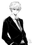 1boy arm_at_side artist_name bangs closed_mouth collared_shirt commentary dated dress_shirt formal greyscale hand_on_hip highres long_sleeves looking_at_viewer loose_necktie monochrome necktie open_collar original romaji_text saitou_shiori_(pixiv14549321) shirt short_hair simple_background smile solo suit suit_jacket upper_body white_background