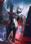  0bsessi0n 1girl bangs boots closed_mouth commentary_request evelyn_(girls&#039;_frontline_nc) expressionless eyepatch full_body girls&#039;_frontline_neural_cloud gloves grey_hair gun handgun highres holding holding_gun holding_weapon knee_pads long_hair looking_at_viewer red_eyes red_gloves shield shotgun solo weapon 