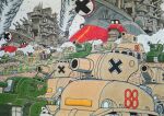  absurdres anchor army big_shiee camouflage cannon caterpillar_tracks cross di-cokka ground_vehicle highres iron_iso metal_slug military military_vehicle motor_vehicle nishigame no_humans numbered outdoors smoke tank tank_focus traditional_media vehicle_focus 