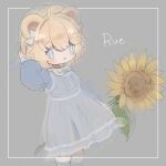 1girl ahoge animal_ears bear_ears blonde_hair blue_dress blue_eyes blue_stockings bow child ciroro dress eyebrows_visible_through_hair flower hat hat_bow highres long_sleeves peter_pan_collar puffy_long_sleeves puffy_sleeves rue(vrchat) short_hair simple_background solo sunflower tagme vrchat