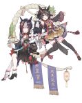  2020 2girls animal_ears arm_up black_hair commentary_request detached_sleeves equinox_(racehorse) full_body gassan_aya hair_between_eyes hair_ornament highres horse_ears horse_girl horse_tail japanese_clothes kitasan_black_(umamusume) looking_at_viewer medium_hair multiple_girls original red_eyes sash shoes stuffed_animal stuffed_toy tail thigh-highs umamusume white_background 