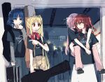 4girls blonde_hair blue_hair bocchi_the_rock! briefcase carrying carrying_person cube_hair_ornament giggling gotou_hitori guitar_case hair_ornament holding holding_briefcase ijichi_nijika instrument_case kita_ikuyo long_hair multiple_girls necktie one_side_up pants pink_hair pleated_skirt pointing pointing_at_another red_eyes redhead shiroshi_(denpa_eshidan) shirt short_hair side_ponytail skirt suspenders t-shirt unconscious yamada_ryou yellow_eyes 