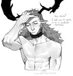 1boy abs absurdres antlers arknights closed_eyes czerny_(arknights) greyscale highres long_hair mobrinono monochrome muscular muscular_male nipples nude wet white_background