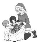 3girls aged_down bangs boots christmas commentary dress frown fur-trimmed_dress fur_trim gift girls_und_panzer gloves greyscale hat holding holding_sack itsumi_erika kneeling long_hair long_sleeves looking_at_another monochrome multiple_girls mutsu_(layergreen) nishizumi_maho nishizumi_miho open_mouth pajamas sack santa_boots santa_dress santa_hat short_dress short_hair siblings sisters standing sweatdrop thigh-highs white_background