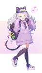  1girl :d animal_ears backpack bag bangs baseball_cap blunt_bangs choker drawstring eyewear_removed fake_animal_ears full_body grey_hair hands_up hat headphones headphones_around_neck holding holding_headphones hololive hood hood_down hoodie long_hair long_sleeves murasaki_shion musical_note open_mouth pink_hoodie puffy_sleeves purple-framed_eyewear shiokko_(murasaki_shion) sleeves_past_wrists smile solo star_(symbol) striped tail tam-u teeth thigh-highs twintails two-tone_background upper_teeth_only vertical_stripes virtual_youtuber yellow_eyes 