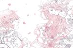 1boy 1girl arch_bishop_(ragnarok_online) bangs branch closed_eyes closed_mouth commentary_request cross dress falling_petals fingerless_gloves gloves long_hair monochrome petals pink_eyes pink_hair pink_theme pointy_ears ragnarok_online short_hair simple_background smile tokio_(okt0w0) upper_body wavy_hair 