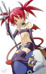  1girl artist_name bare_shoulders boots bra breasts dated demon_tail disgaea earrings elbow_gloves etna_(disgaea) gloves heart highres holding_trident jewelry looking_at_viewer makai_senki_disgaea oyster_(artist) pointy_ears red_eyes redhead short_hair simple_background sitting skirt skull_earrings slit_pupils small_breasts solo tail thigh-highs twintails underwear 