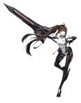  1girl bodysuit brown_hair counter:side full_body greatsword highres holding holding_sword holding_weapon lee_sooyeon legs long_hair official_art red_eyes side_ponytail solo standing standing_on_one_leg sword transparent_background very_long_hair weapon 