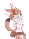  1girl 54_3nu animal_ears bare_shoulders bow bowtie brown_hair brown_skirt brown_thighhighs cowboy_shot dhole_(kemono_friends) dog_ears dog_girl dog_tail finger_to_mouth fur_collar gloves heart highres kemono_friends multicolored_hair orange_eyes pleated_skirt shirt short_hair skirt sleeveless smile solo tail thigh-highs two-tone_hair two-tone_thighhighs white_bow white_bowtie white_gloves white_hair white_shirt white_thighhighs zettai_ryouiki 